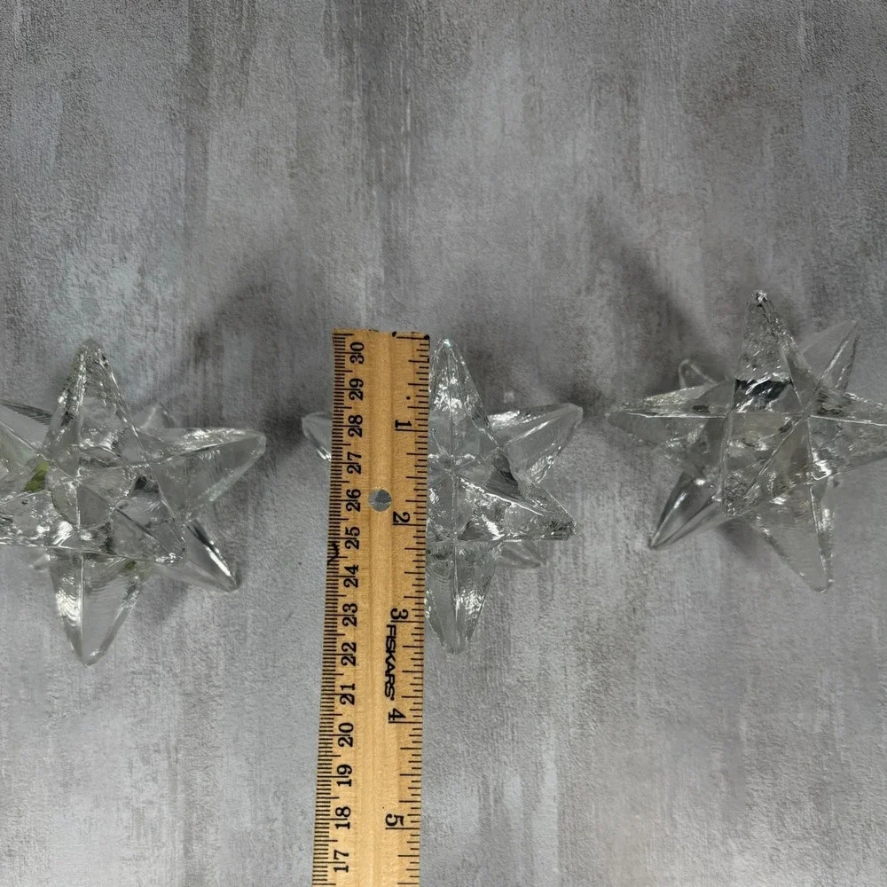 Vintage MCM 9 Point Clear Glass Starburst Candle Holders Set of 3 Celestial 70s